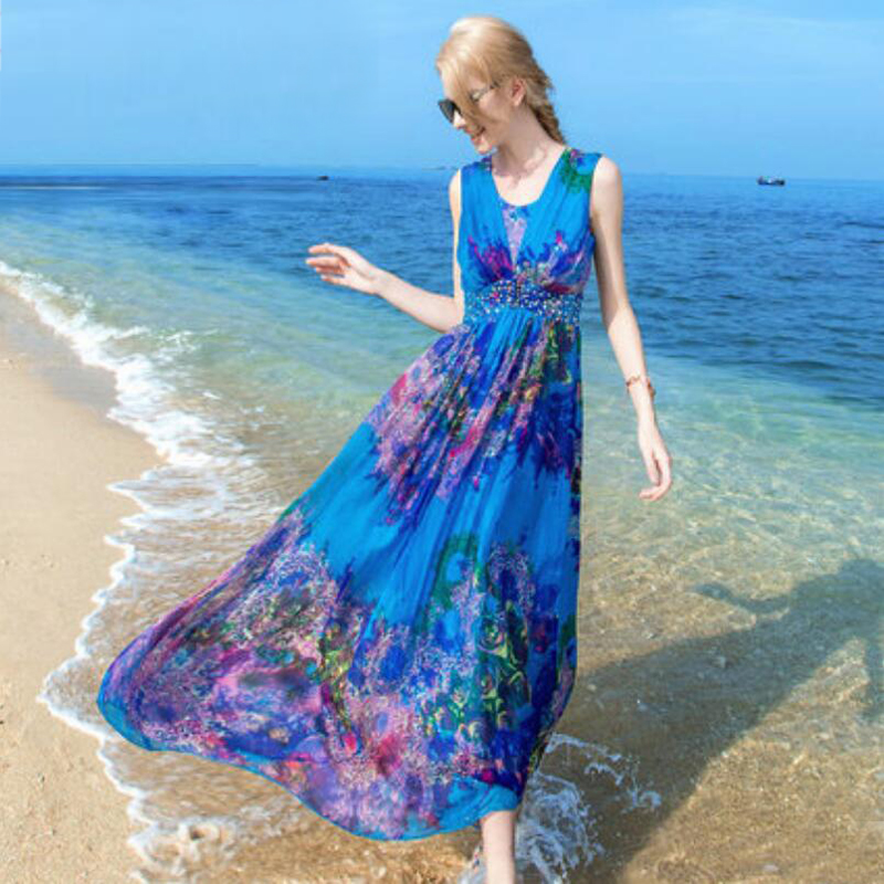 Women 100 Silk dress Beach dress 100% Natural Silk Blue Print dress Holiday summer dresses